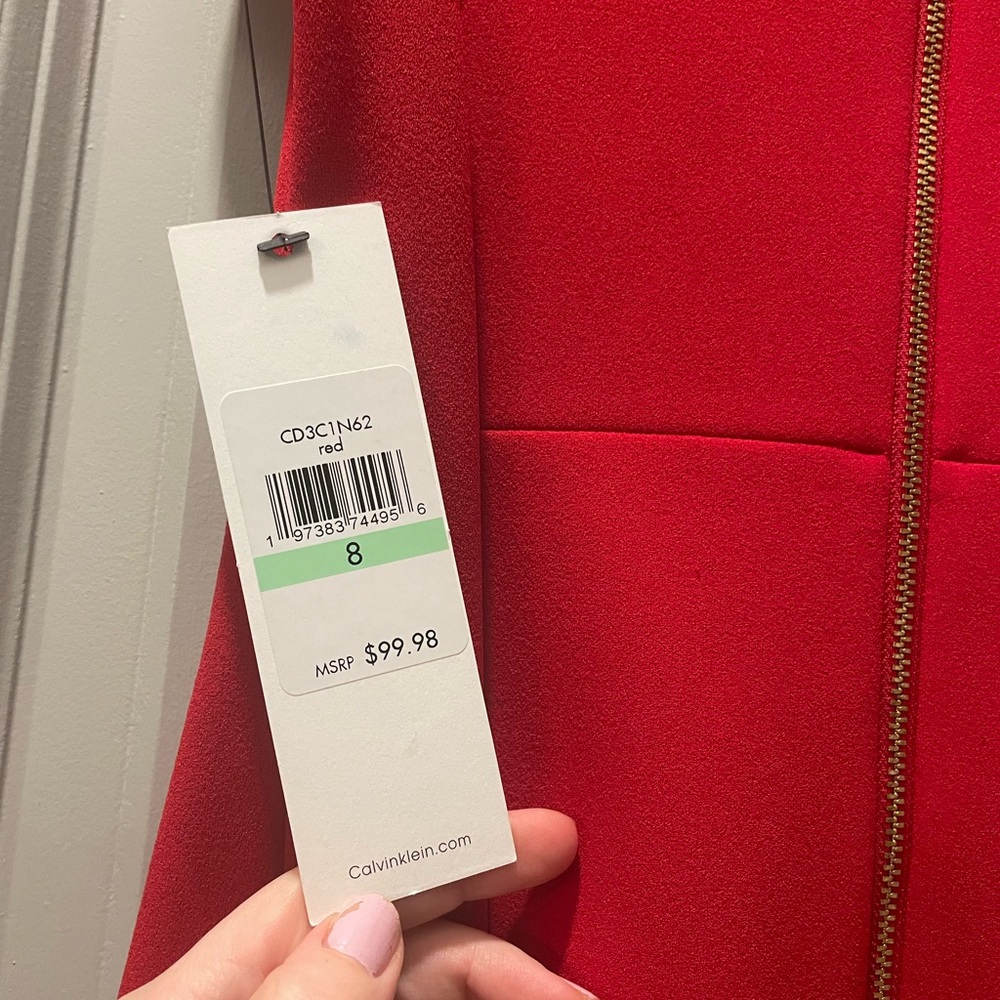 Red Calvin Klein Mock Neck Bow Women's Dress - Picture 4 of 7